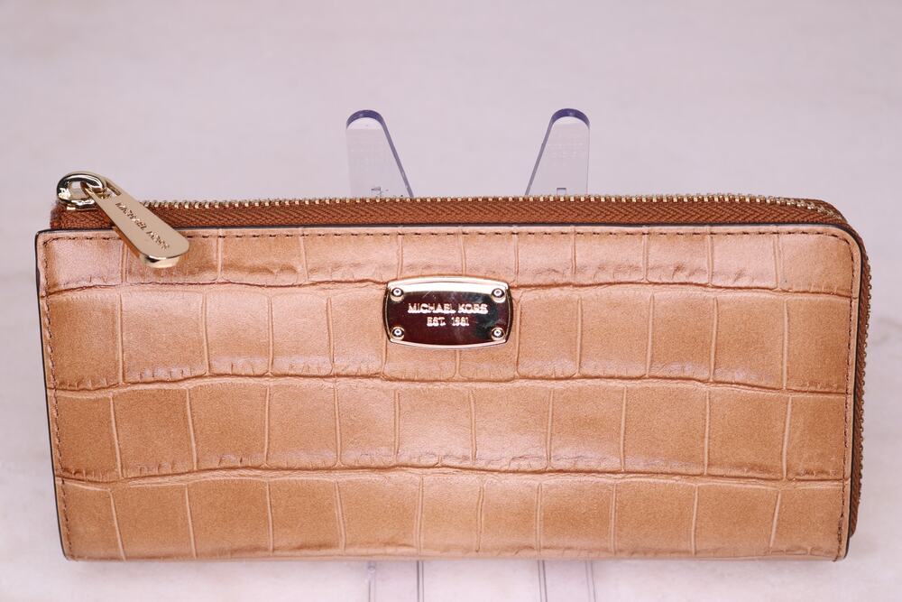 Michael Kors Fulton Croc Embossed Leather Zip Around Continental Wallet Camel